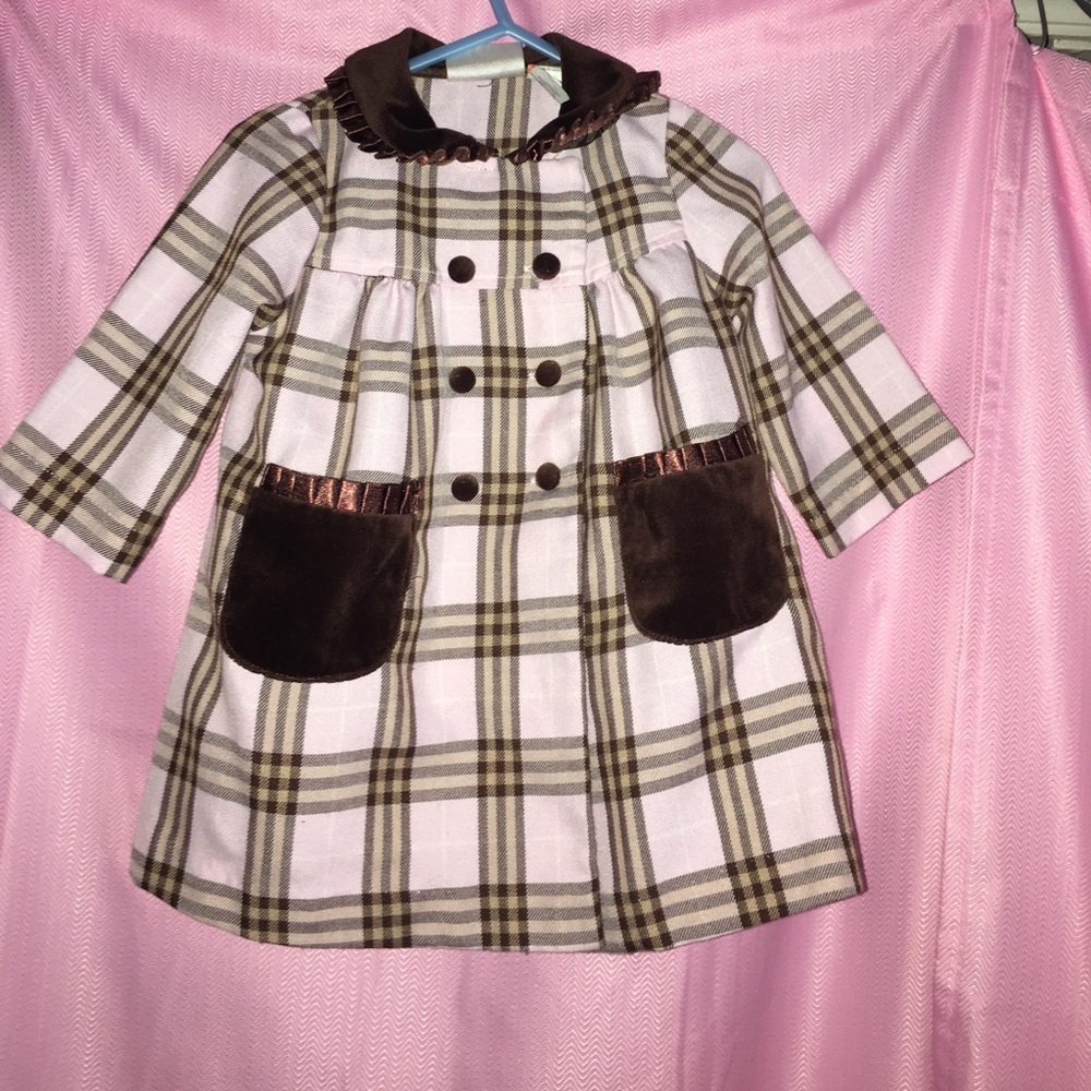 Little Bitty Brown and Pink Plaid baby dress, jacket and hat. 12 months.